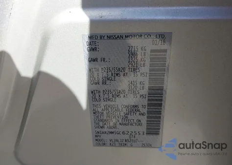 2016 Nissan Pathfinder Platinum из США, поврежденный, VIN 5N1AR2MM5GC622553